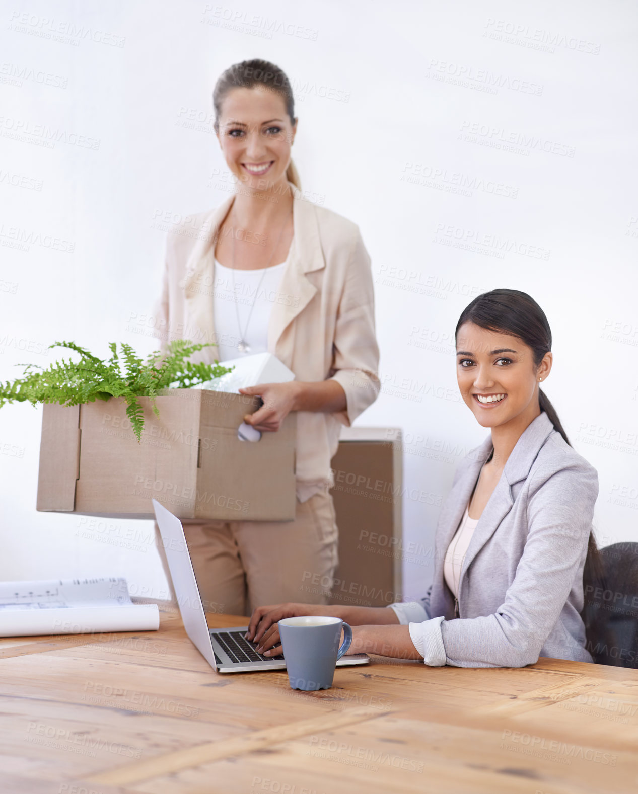 Buy stock photo Portrait, women and moving to office with laptop, smile and opportunity for entrepreneurship together. Computer, startup and business people with box for relocation, new workplace and partnership.