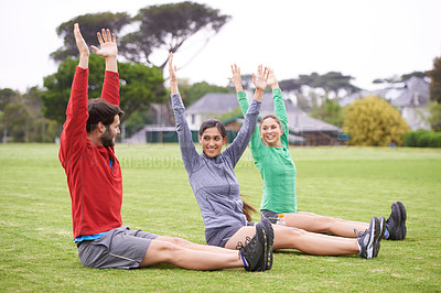 Buy stock photo People, coach and stretching on field with exercise, training and fitness for health in summer. Friends, men and woman with workout for wellness with smile, body and together on lawn in Australia
