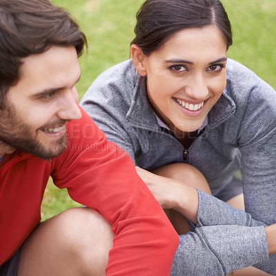 Buy stock photo Sports, friends and portrait of people in field ready for practice, playing game and match outdoors. Happy, fitness and man and woman on grass for training, exercise and workout together for wellness
