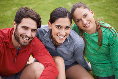 Buy stock photo Fitness, sports and portrait of friends in field ready for practice, playing game and match outdoors. Happy, group and man and women on grass for training, exercise and workout together for wellness
