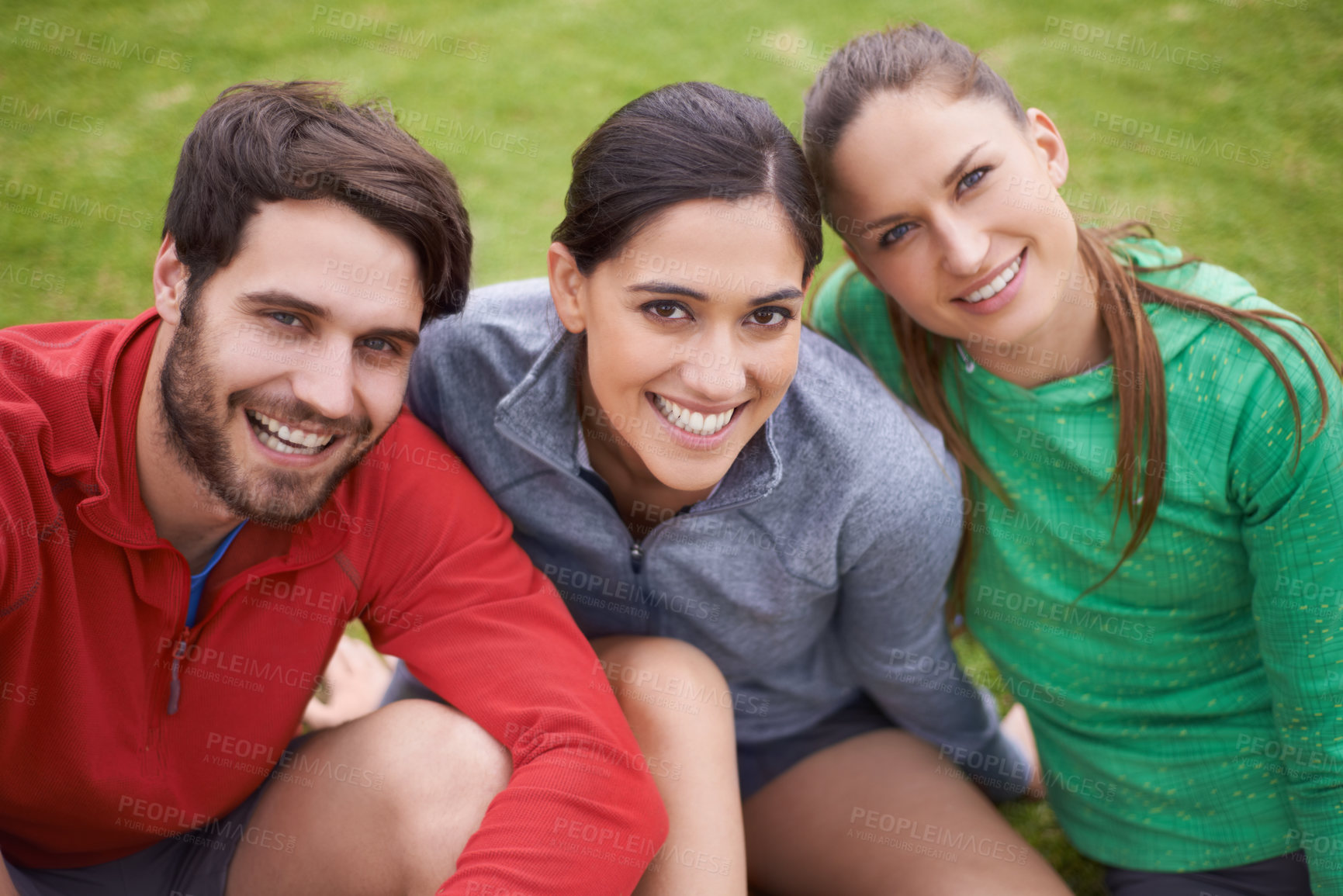 Buy stock photo Fitness, sports and portrait of friends in field ready for practice, playing game and match outdoors. Happy, group and man and women on grass for training, exercise and workout together for wellness