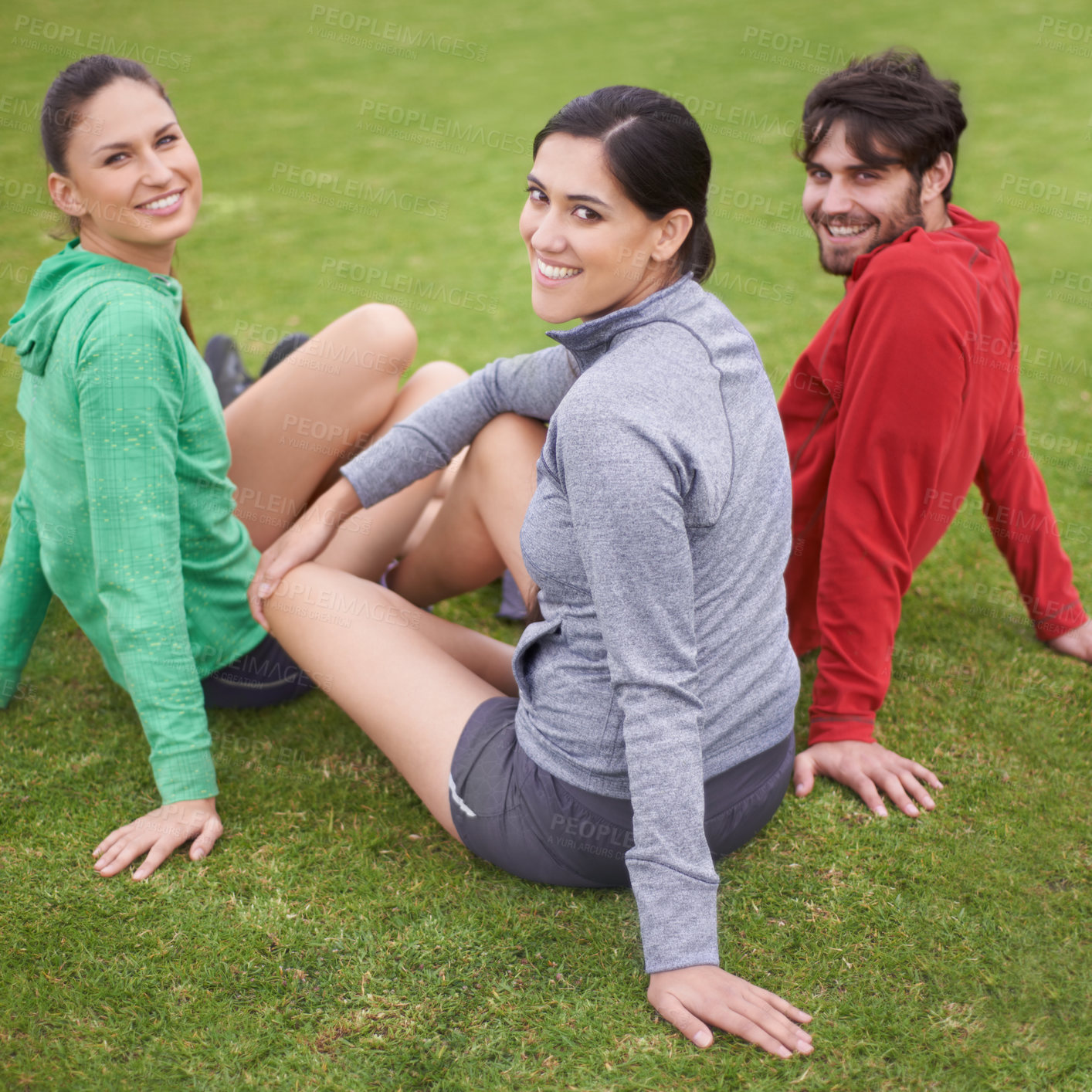 Buy stock photo Sports, fitness and portrait of friends in field ready for practice, playing game and match outdoors. Happy, rest and man and woman on grass for training, exercise and workout together for wellness