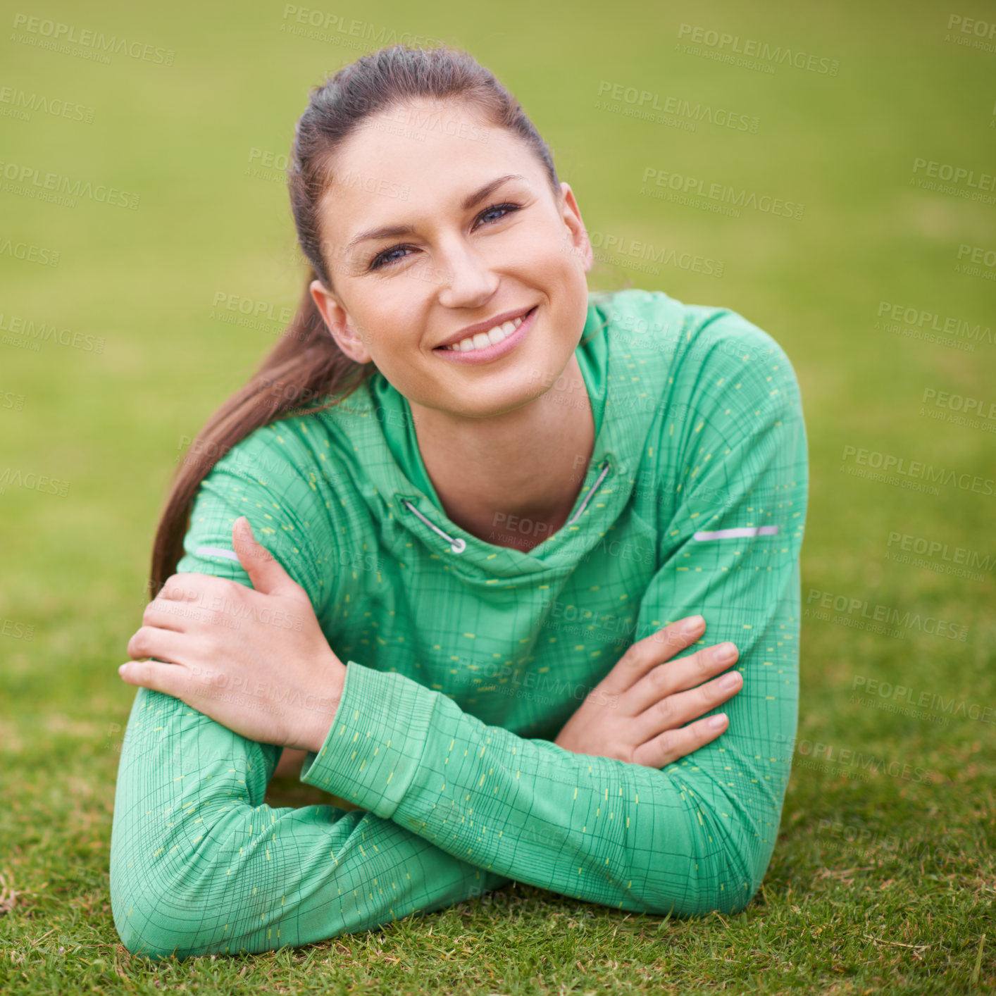 Buy stock photo Smile, sports and portrait of woman on grass for fitness, exercise and workout for wellness. Athlete, happy and face of female person in nature for training, health and laying in park outdoors