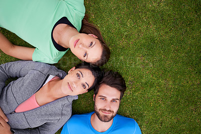 Buy stock photo Top view, group of people on grass and portrait for fitness, relax after workout for health and wellness together. Exercise, training club for sports and active in nature, support and trust outdoor