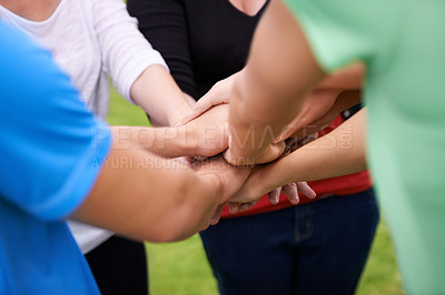 Buy stock photo Group, teamwork and hands together in unity for collaboration, support or trust in nature. Closeup of people or community piling for love, care or outdoor agreement in solidarity, mission or goals