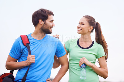 Buy stock photo Fitness, couple in nature and workout outdoor, happy and healthy with partner, physical activity and support. People smile for wellness, exercise together in park and training for bonding with trust