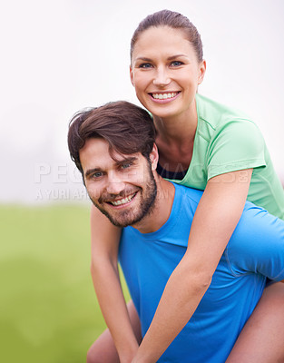 Buy stock photo Fitness, couple and piggyback outdoor for exercise break, happy and healthy with strength and endurance. People smile for wellness, workout together in park with sports or training for bonding
