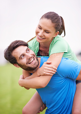 Buy stock photo Fitness, couple and piggyback outdoor for workout break, happy and healthy with strength and endurance. People smile for wellness, exercise together in park with sports or training for bonding