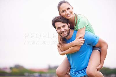 Buy stock photo Exercise, couple and piggyback outdoor for workout break, happy and healthy with strength and endurance. People smile for wellness, fitness together in park with sports or training for bonding