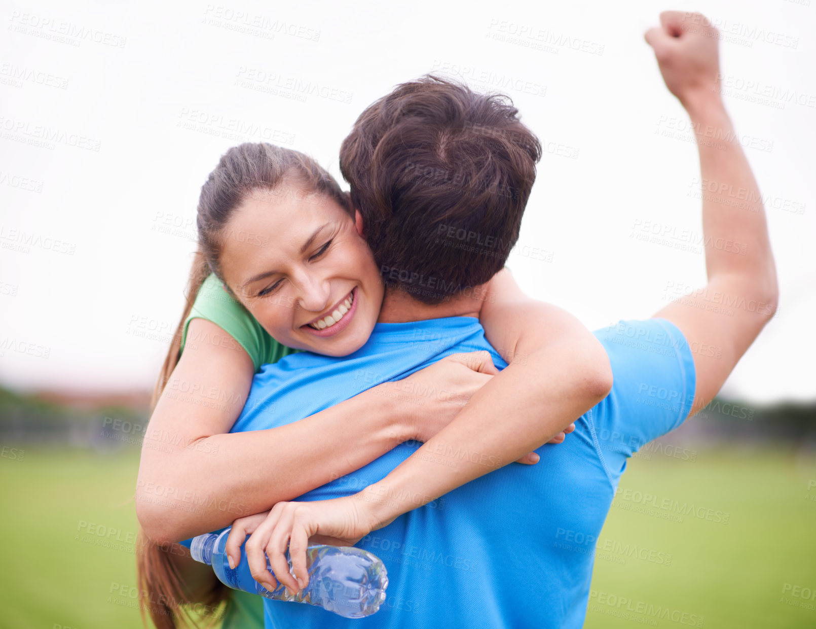 Buy stock photo Hug, outdoor and couple with fitness, celebration and exercise goals with progress and achievement. Park, embrace and woman with man or excited with wellness and health with support, smile or workout