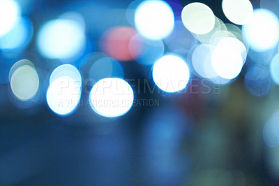 Buy stock photo Bright lights, abstract and night with design, city and graphic against a blue background. Creativity, bokeh and blur with aesthetic and shine with colours and effect with pattern, texture and glow