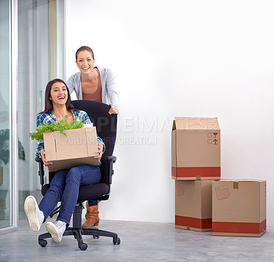 Buy stock photo New office, business people and boxes with portrait, excited and achievement with venture or startup. Women, staff or coworkers with cardboard or play with partnership or professional development