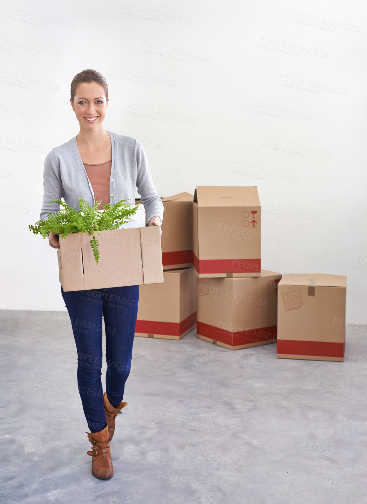 Buy stock photo Portrait, new home and woman with boxes, moving and real estate with rental apartment and property. Person, plant and girl with achievement and personal development with package and house on a loan