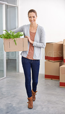 Buy stock photo Office assistant, woman and box with plant at work in smile, decoration and moving in for start up business. Workspace, joy and happy with green initiative for healthy environment and positivity