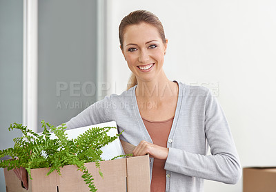 Buy stock photo Portrait, new home and woman with boxes, smile and real estate with rental apartment and excited. Person, plant and girl with achievement and personal development with package and property on a loan