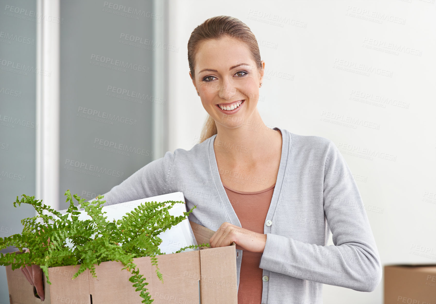 Buy stock photo Portrait, new home and woman with boxes, smile and real estate with rental apartment and excited. Person, plant and girl with achievement and personal development with package and property on a loan