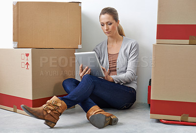 Buy stock photo Business, boxes and woman on the floor, tablet and internet with social media and professional. Person, employee and entrepreneur with connection or digital app with network and cardboard with tech