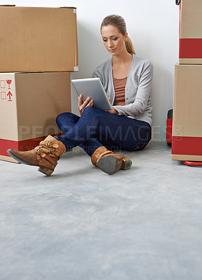 Buy stock photo Business, thinking and woman with a tablet, boxes and digital app with typing, decision and startup. Person, employee and entrepreneur with technology or choice with courier or ideas with internet