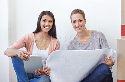 Buy stock photo Women, blueprint and happy on floor at startup with tablet, idea or entrepreneurship with planning. People, partnership and digital touchscreen with smile for new business with documents at company