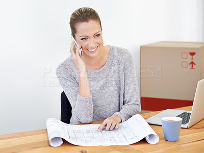 Buy stock photo Happy, woman and phone call with blueprint of small business and renovation planning with smile. Employee, conversation and paperwork of office development with mobile and moving in the morning 