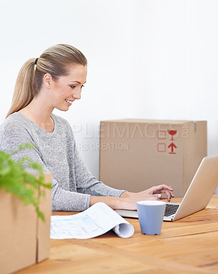 Buy stock photo Employee, moving and woman with a laptop, boxes and smile with online reading and startup. Person, consultant or entrepreneur with computer or office with lady or idea with architecture or renovation
