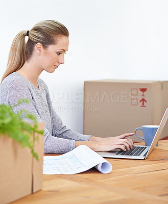 Buy stock photo Entrepreneur, thinking and woman with a laptop, boxes and shipping with decision and startup. Person, employee and consultant with computer and ecommerce with courier and ideas with company website