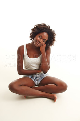 Buy stock photo Portrait, smile and black woman on the floor, casual outfit and girl isolated against a white studio background. Female person, model or streetwear with comfort, fashion and beauty with joy and Ghana