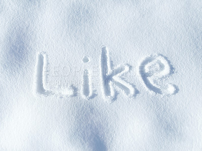 Buy stock photo Like, snow and word in ice outdoor on ground in winter for communication on social media. Writing, sign and drawing on field in nature with frozen background and written sketch for love and care