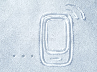 Buy stock photo Illustration, phone and snow drawing with no people and outdoor ground showing digital signal. Communication, mobile screen and internet connection graphic art and sign on floor of snowing and ice