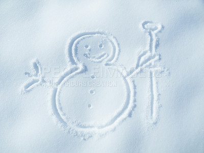 Buy stock photo Snowman drawing in snow, winter and nature for art, cold weather and Christmas holiday creativity. Icon, symbol and sign with magic, ice and frozen outdoor for artistic or creative top view frost