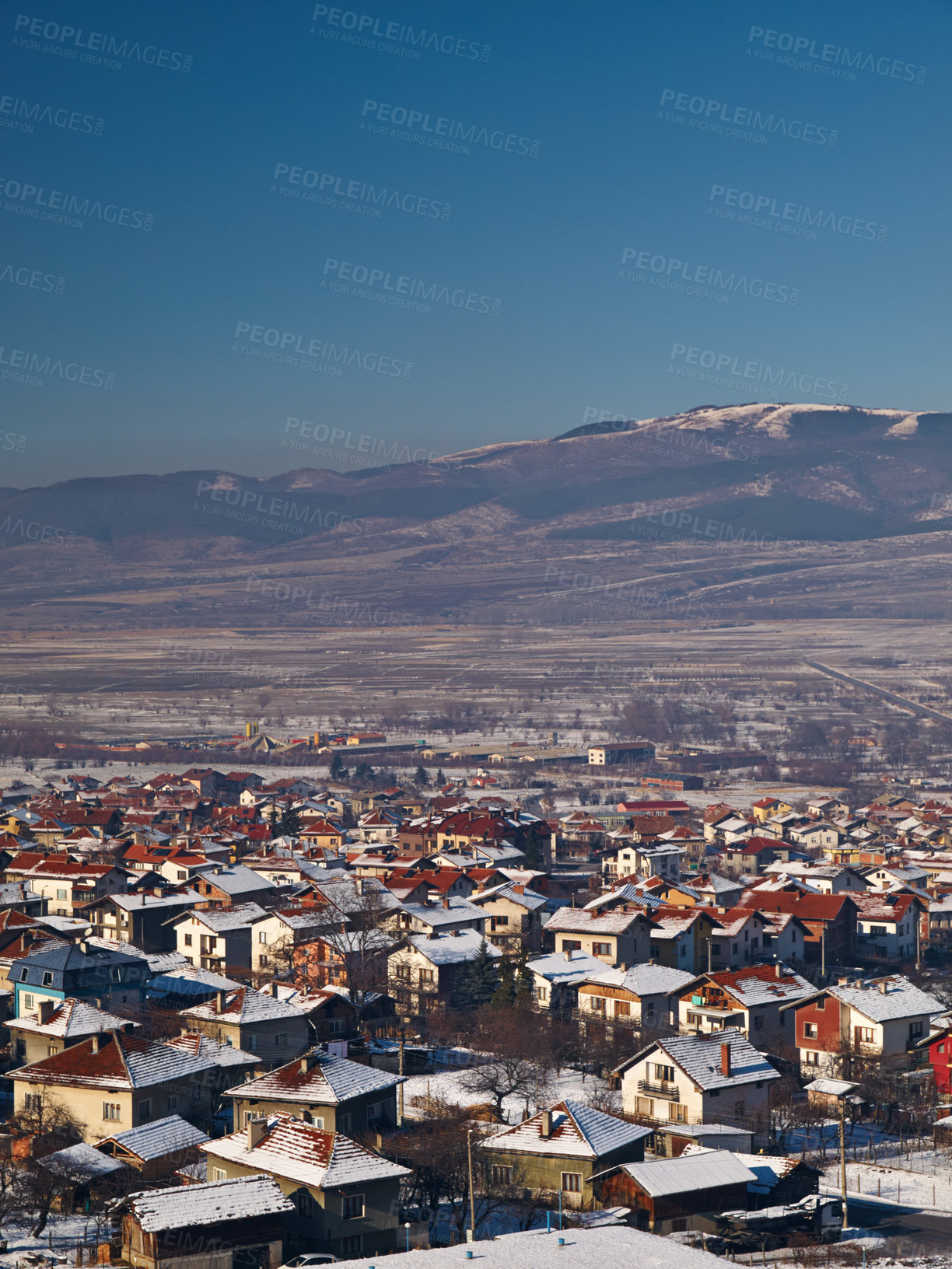 Buy stock photo Mountain, houses and village with snow in winter, landscape in Sweden or travel to vacation property. Europe, holiday and ice on real estate homes in town on hill with blue sky and environment