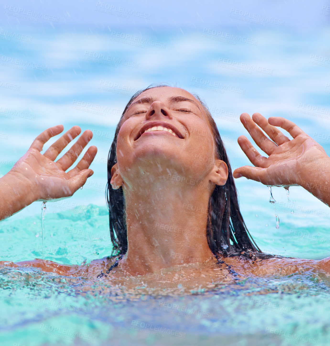 Buy stock photo Closeup shot of a gorgeous young woman in the ocean