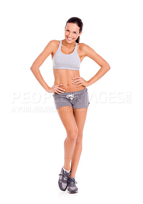 Buy stock photo Fitness, smile and portrait of woman in studio for weight loss, health or wellness diet for energy. Happy, sports and slim female person for body exercise, workout or training by white background.