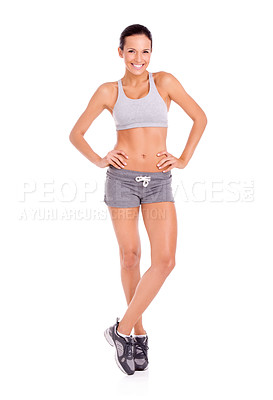 Buy stock photo Fitness, happy and portrait of woman in studio for weight loss, health or wellness diet for energy. Smile, sports and slim female person for body exercise, workout or training by white background.
