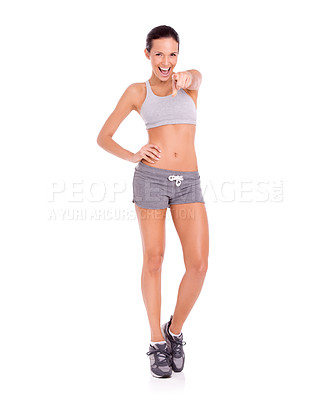 Buy stock photo Studio, woman and pointing in portrait for fitness promotion and exercise announcement or news of gym discount. Model, happy face and aerobics offer to winner and workout plan by white background