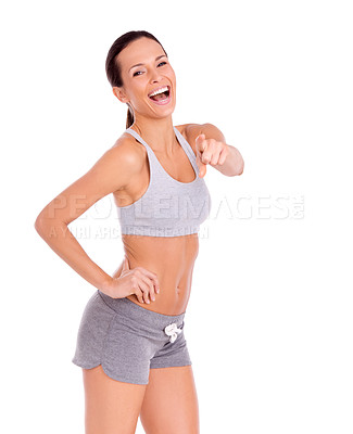 Buy stock photo Smile, sports and portrait of woman pointing in studio for winner, success or motivation for exercise. Happy, face and excited female person with choice, decision or direction on white background