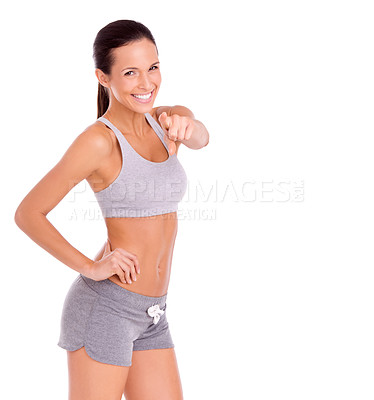 Buy stock photo Studio, happy woman and pointing in portrait for fitness promotion and exercise announcement in mockup. Model, face or congratulations to winner of aerobics program or gym offer by white background