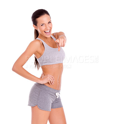 Buy stock photo Pointing, sports and woman in studio with smile for winner, success or motivation for exercise with mockup. Portrait, happy and excited person for decision, choice or direction on white background