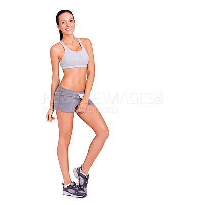 Buy stock photo Sports, happy and portrait of woman in studio for weight loss, health or wellness diet for energy. Fitness, smile and slim female person for body exercise, workout or training by white background.
