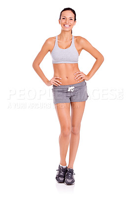 Buy stock photo Sports, health and portrait of woman in studio for weight loss, nutrition or wellness diet for energy. Happy, fitness and female person for body exercise, workout or training by white background.
