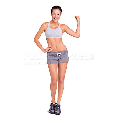 Buy stock photo Portrait, fitness and flexing with woman, excited or progress isolated on white studio background. Person, mockup space or health with model or achievement with exercise goals or training with smile