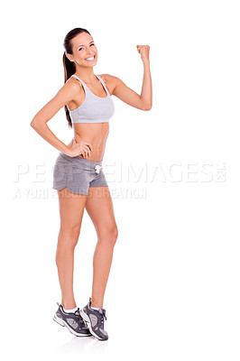 Buy stock photo Portrait, fitness or flexing with woman, challenge or progress isolated on white studio background. Health, mockup space or strong with model or achievement with exercise goals or training with smile