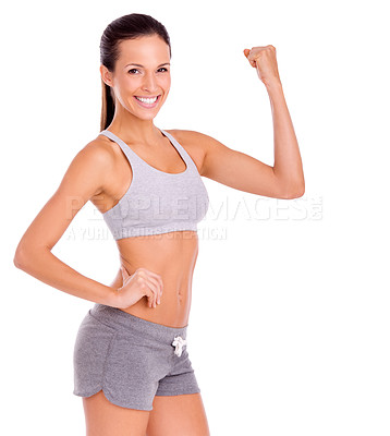 Buy stock photo Portrait, fitness and flexing with woman, smile and progress isolated on white studio background. Person, mockup space or strong with model and achievement with exercise goals or training with energy