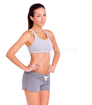Buy stock photo Studio, woman and serious in portrait for exercise, fitness and weight loss in gym clothes by white background. Spain model, face and commitment for workout with aerobics and training for strong body