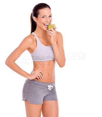 Buy stock photo Smile, apple and portrait of woman in studio with snack for weight loss, health and wellness diet. Happy, nutrition and young female person eating organic and fresh fruit by white background.