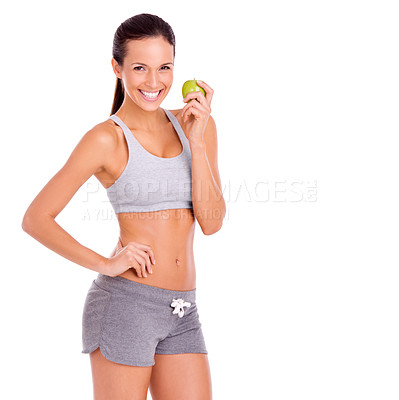 Buy stock photo Studio, woman or apple in portrait for fitness with diet, nutrition or weight loss or glow by white background. Spain model, happy face or workout with healthy food for vitamins, fibre or strong body