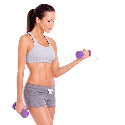 Buy stock photo ​​Woman, health or fitness with dumbbell training in studio mockup or exercise with commitment. Spain model, wellness or aerobics for strong body, toning or gym equipment and workout for weight loss