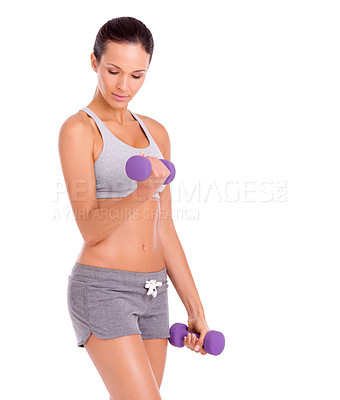 Buy stock photo Dumbbells, fitness and woman with exercise, training and model isolated on white studio background. Person, mockup space and girl with gym equipment and strong with progress and workout with wellness