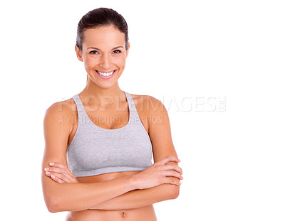 Buy stock photo Studio, woman and confident in portrait for exercise in gym clothes, fitness and arms crossed by white background. Spain model, face and positive for aerobics workout and training for strong body