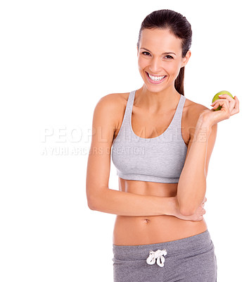Buy stock photo Wellness, apple and portrait of woman in studio with snack for weight loss, health and wellness diet. Happy, vitamin and person with organic, fresh and nutrition fruit by white background with mockup